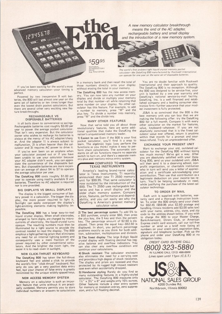DataKing 800 Memory Calculator 1974 Print Ad