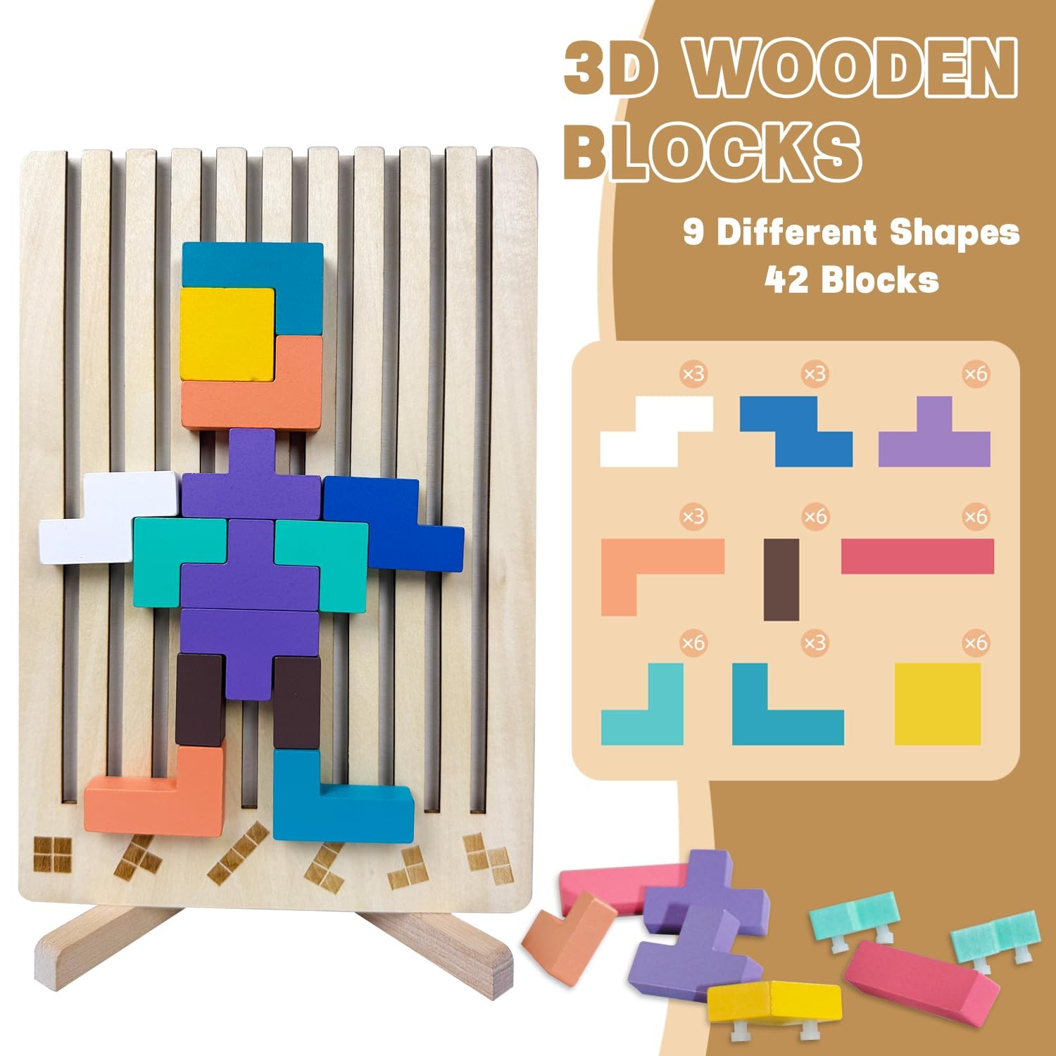 Wooden Stacking Puzzle Toy 3D Montessori Brain Teaser Game for Kids 4 to 6