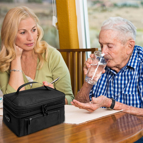 Medicine Bag for Traveling with Portable Small Pouch, Double Layer Pill Black