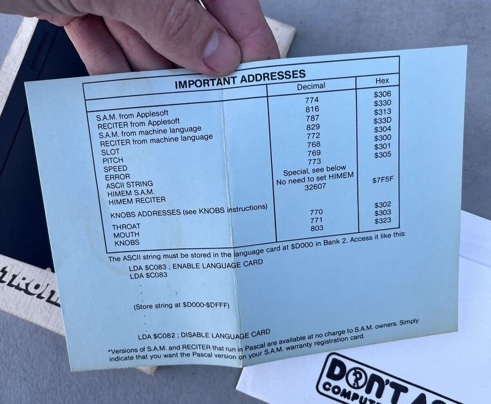 1982 Tronix SAM Software Automatic Mouth Apple II Disk & Owners Manual Don't Ask