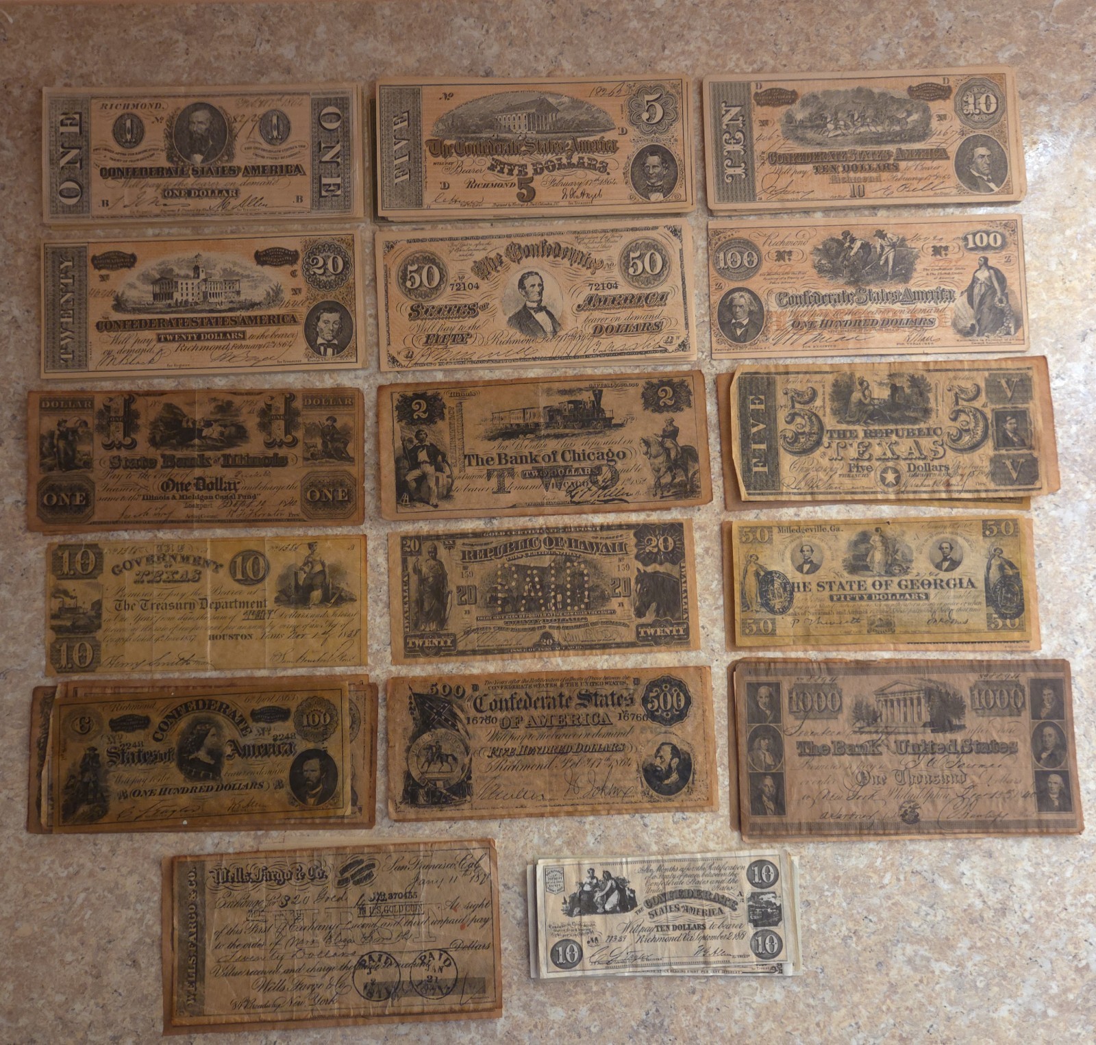 Lot Of 75 Confederate & State Civil War Currency (Facsimile) Mixed Denomination