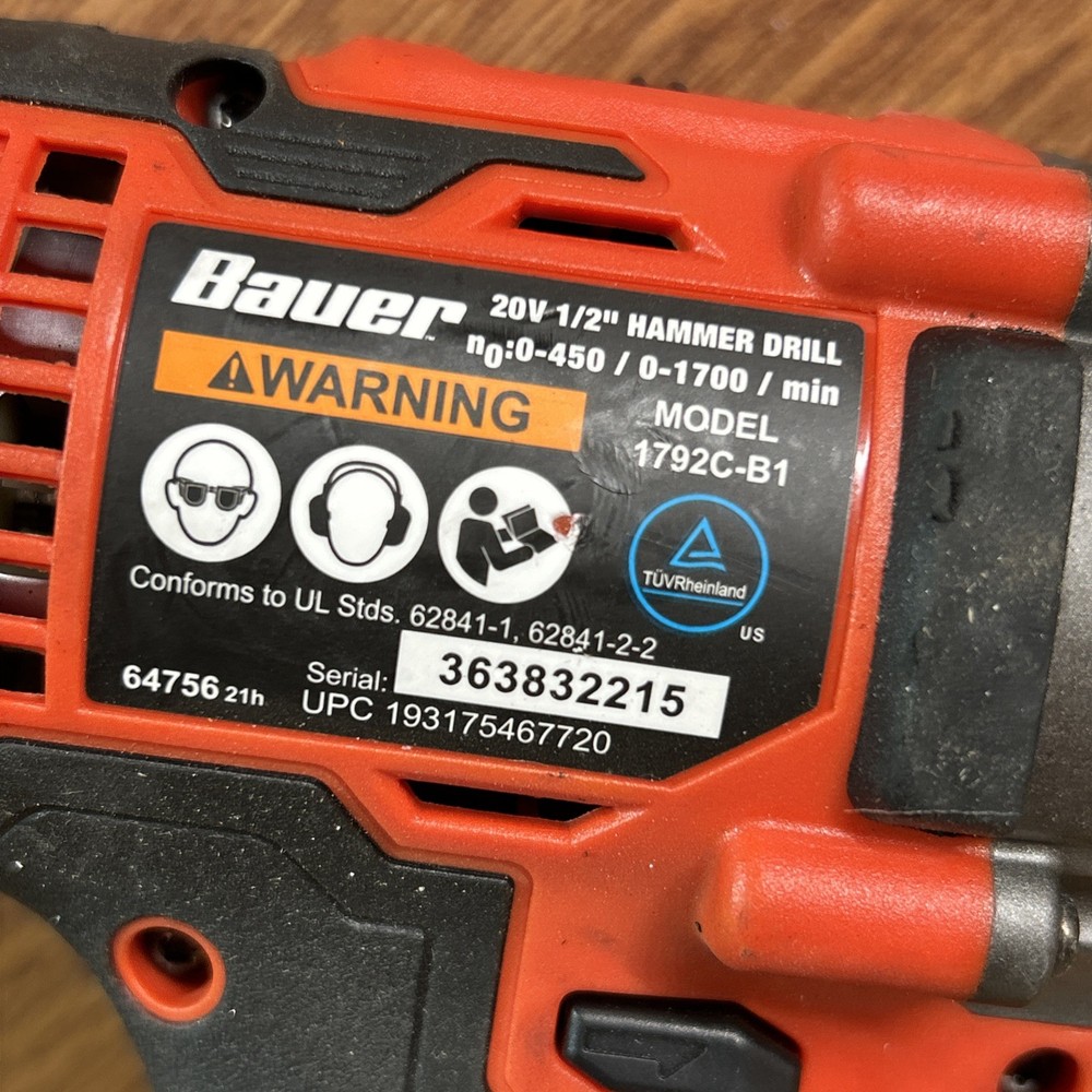 Bauer 1792C-B1 20V Cordless 1/2" Variable Speed Hammer Drill /Driver (Bare Tool)