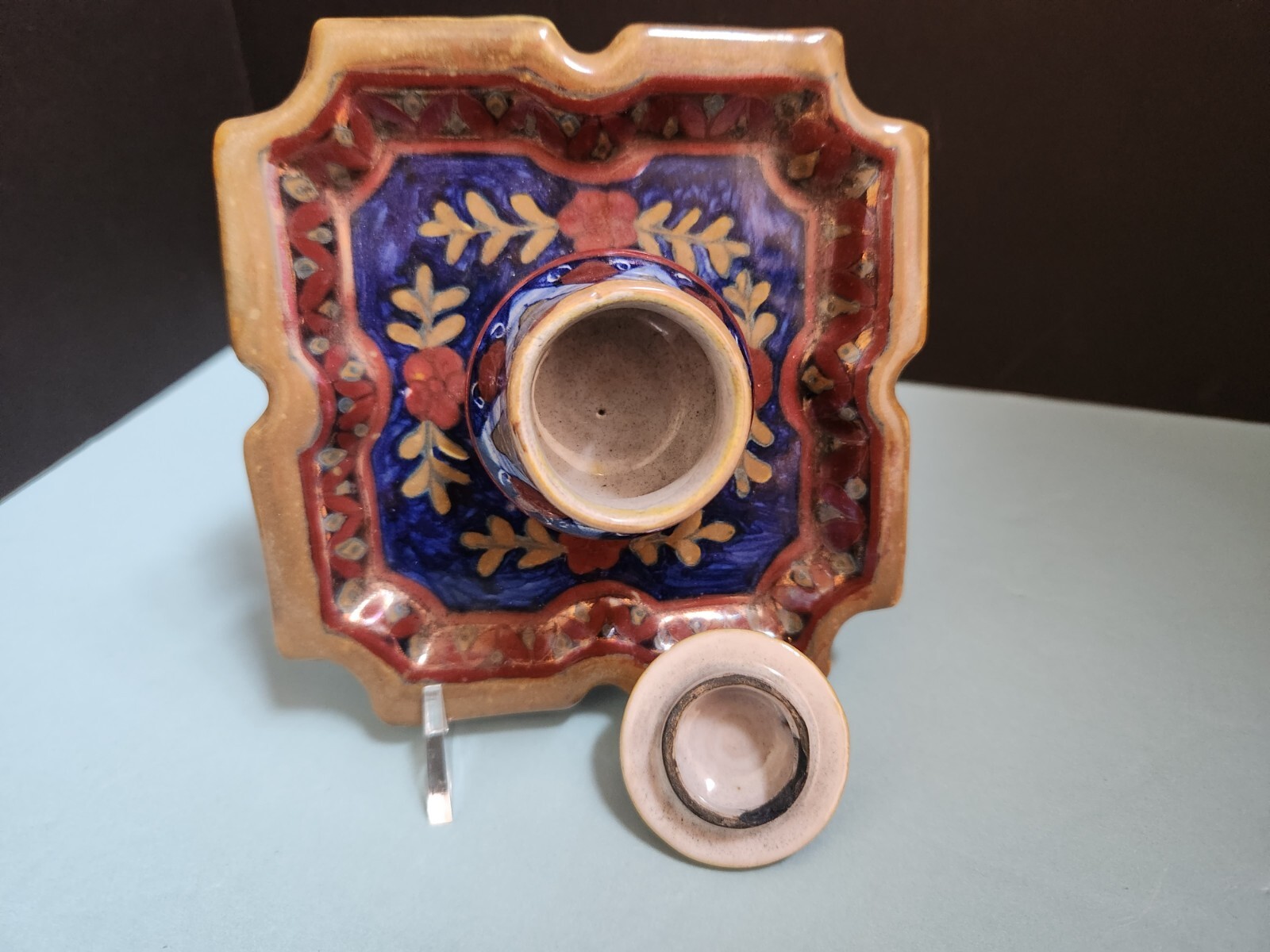 Majolica INKWELL, Societa Ceramica Umbra, Attached Tray & Lid Gubbio Italy