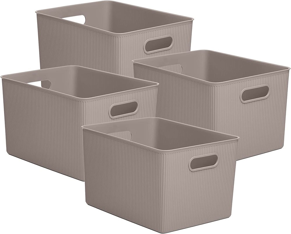 Superio 22L Large Ribbed Storage Bin- Plastic Storage Bin (4 Pack, Taupe)
