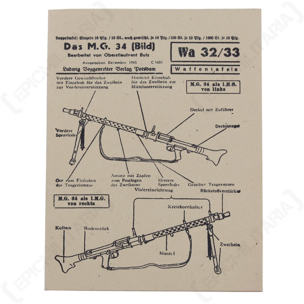 Reproduction WW2 German Maschinengewehr 34 Manual - Pocket Litter
