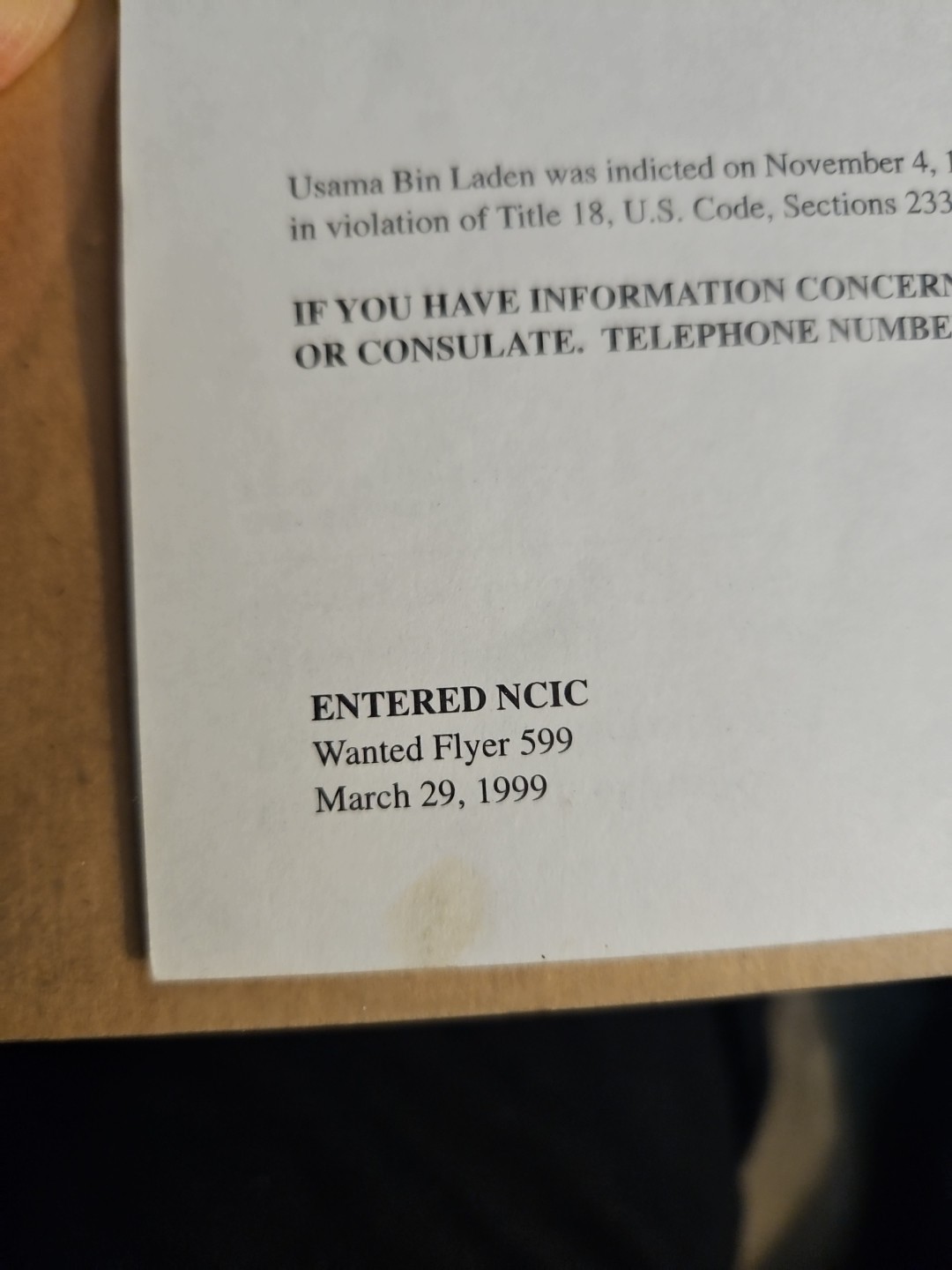 Original USAMA BIN LADEN FBI wanted Poster 3-29-99