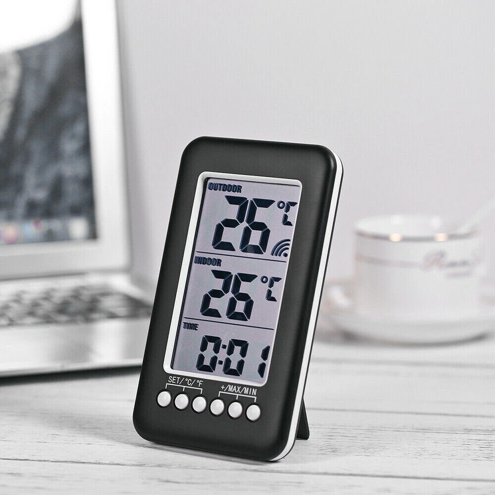 Digital Thermometer Clock Temperature Indoor/Outdoor Wireless Transmitter Meter