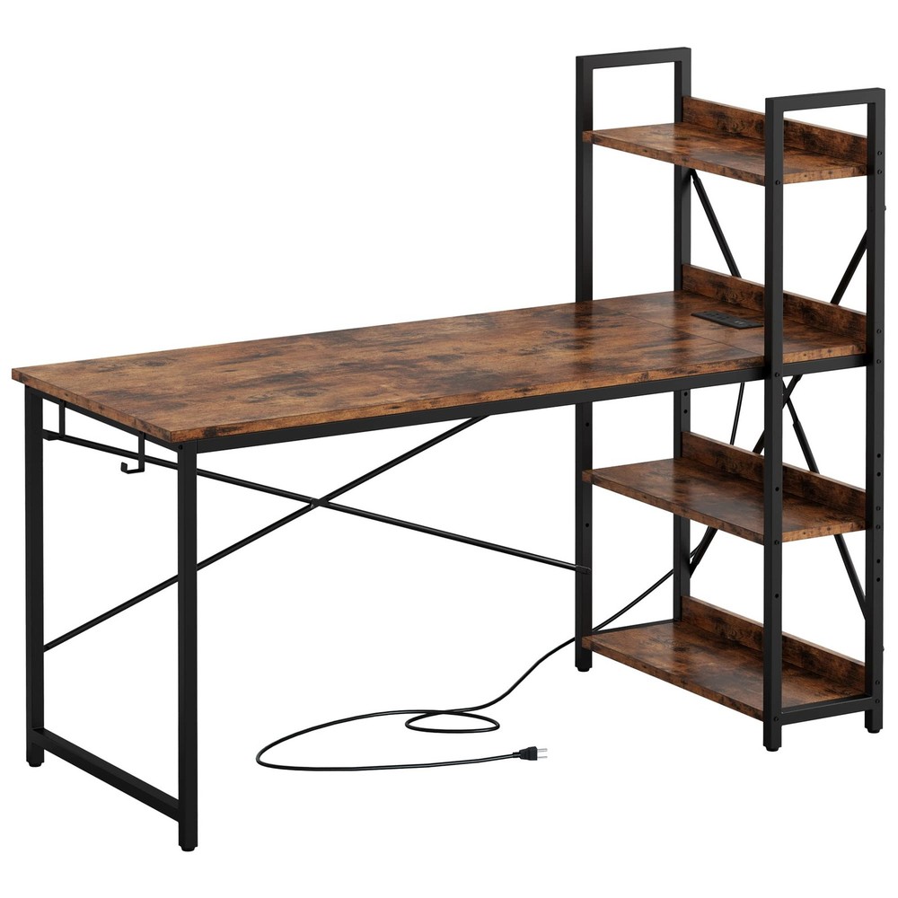 IRONCK 55" Computer Desk w/ Power Outlet & Storage Shelves, Study Writing Table