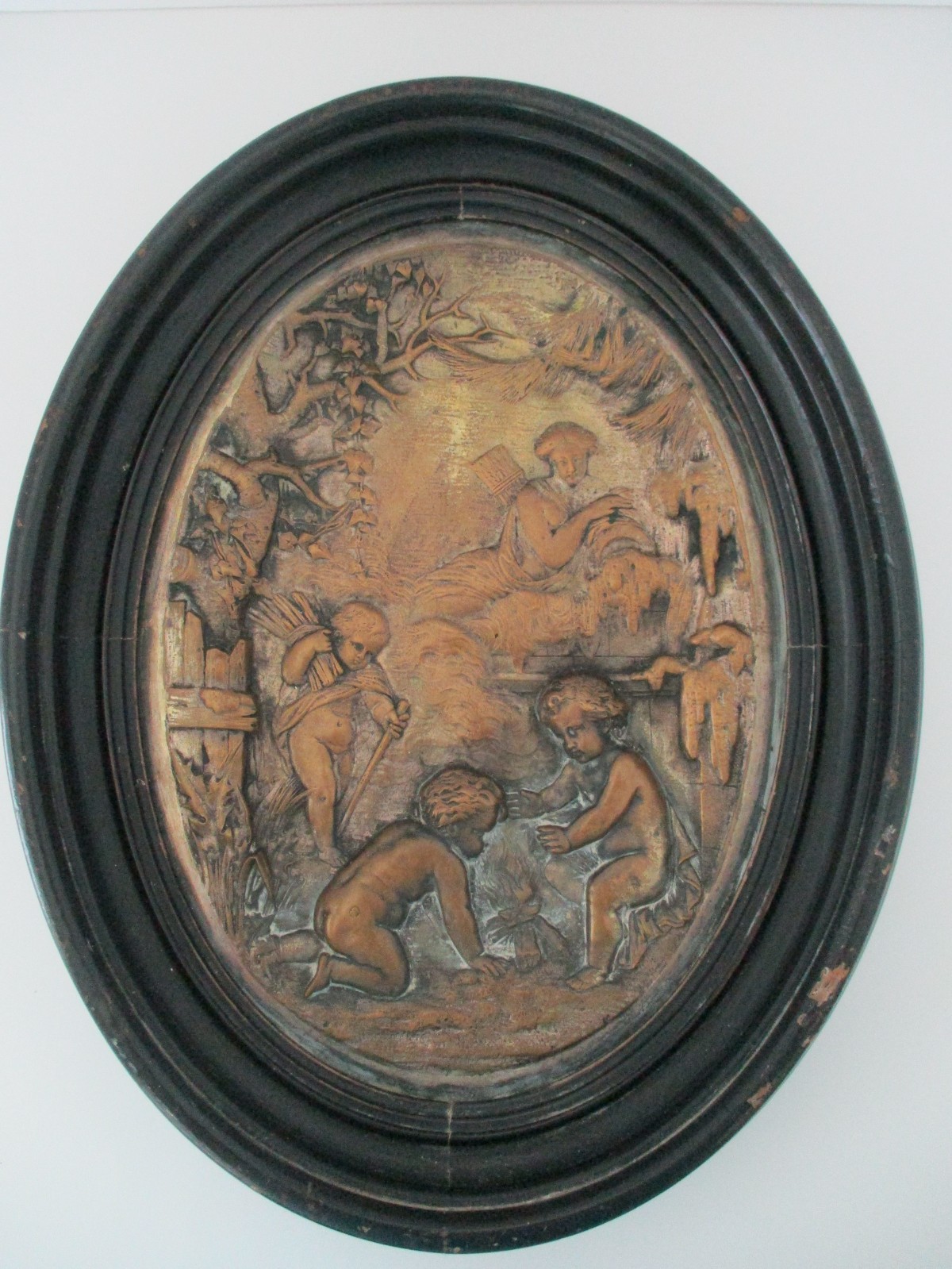 Antique, late 19th C, Neoclassical Patinated Bronze Bas Relief Plaques, Winter