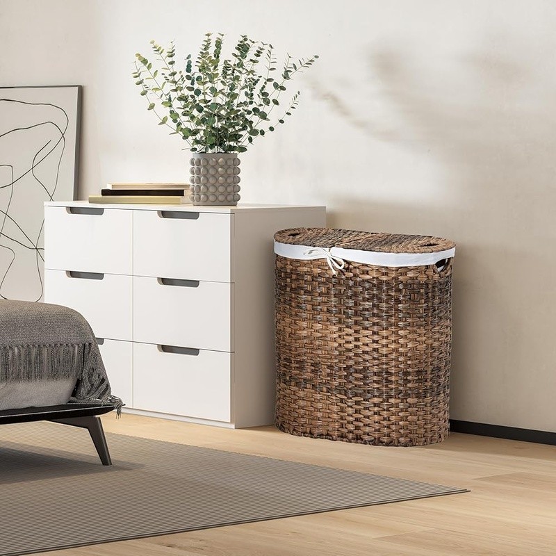 Durable Polyethylene Wicker Laundry Hamper Portable W/ Removable Washable Liners