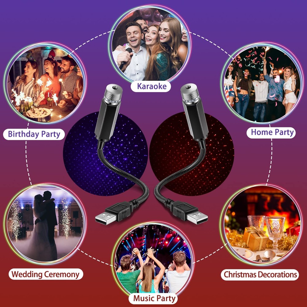 2 Pack USB Star Projector Night Light Adjustable Romantic Projector Car Inter...