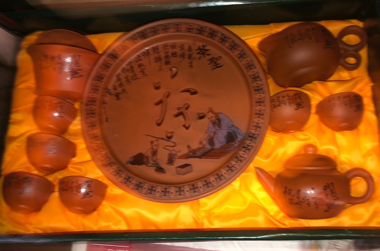 Vintage Terra Cotta Pottery Asian Boxed Tea Set 14 Piece Nice