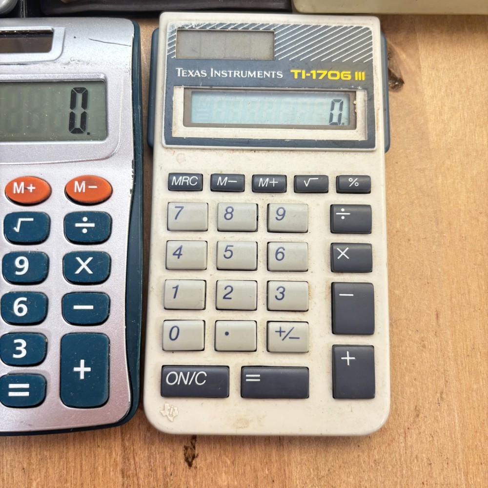 Lot 5 Vtg Calculators, Texas Instruments, Casio, Sharp, Caliber