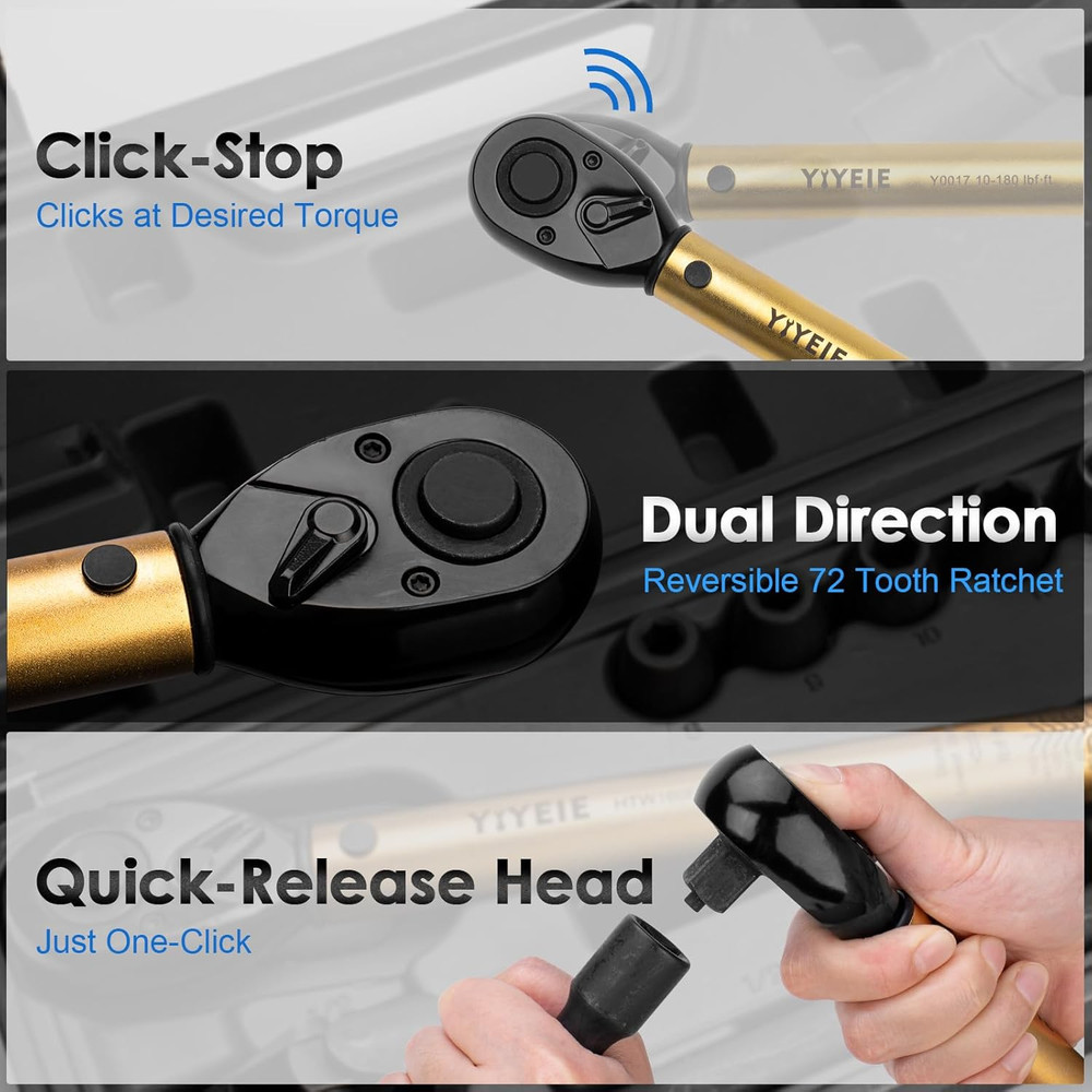 Torque Wrench Set with Sockets and Adapters, Dual Scale, Click Type