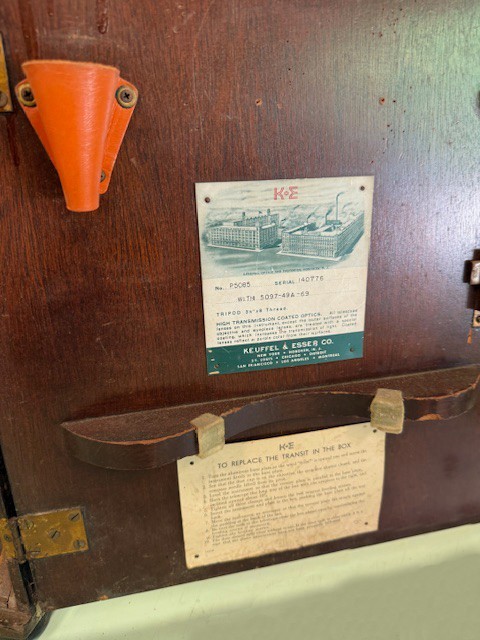Antique 1925 K&E transit in original box with matching "short" tripod.