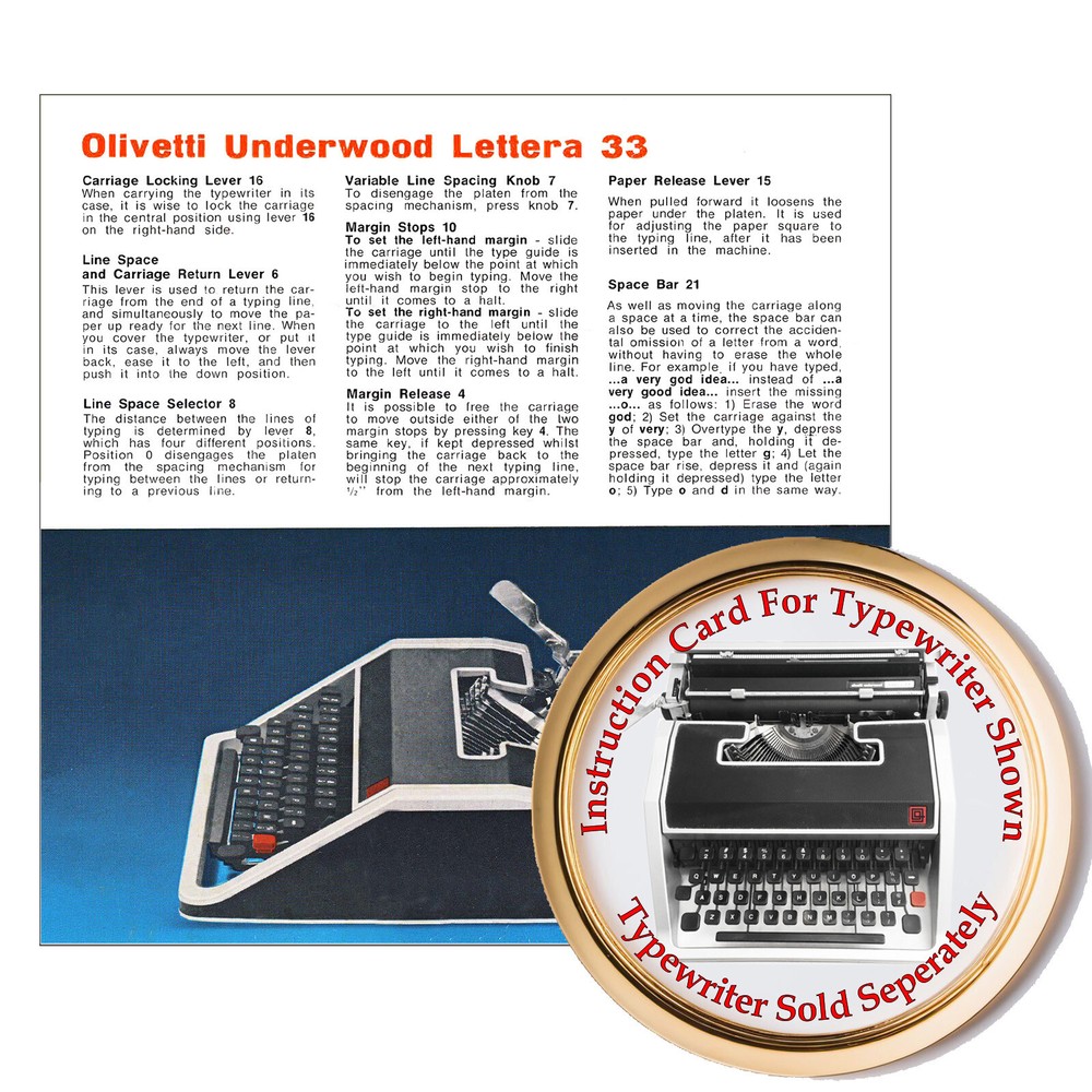 Olivetti Lettera 33 Typewriter Owner's User Instruction Card Guide