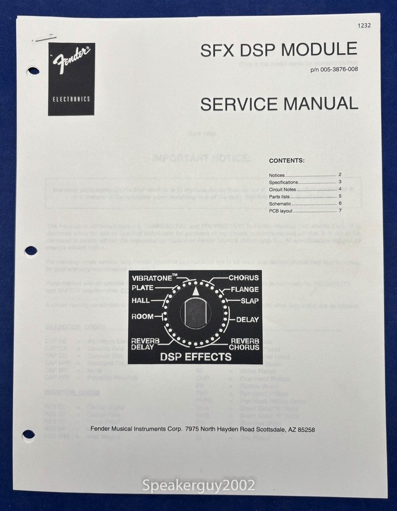 Original Fender SFX DSP Module Service Manual