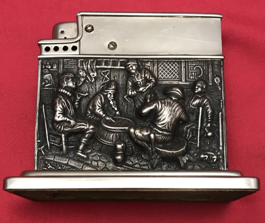 Vintage MYLFLAM .835S Silver Embossed Case TABLE LIGHTER Push Button