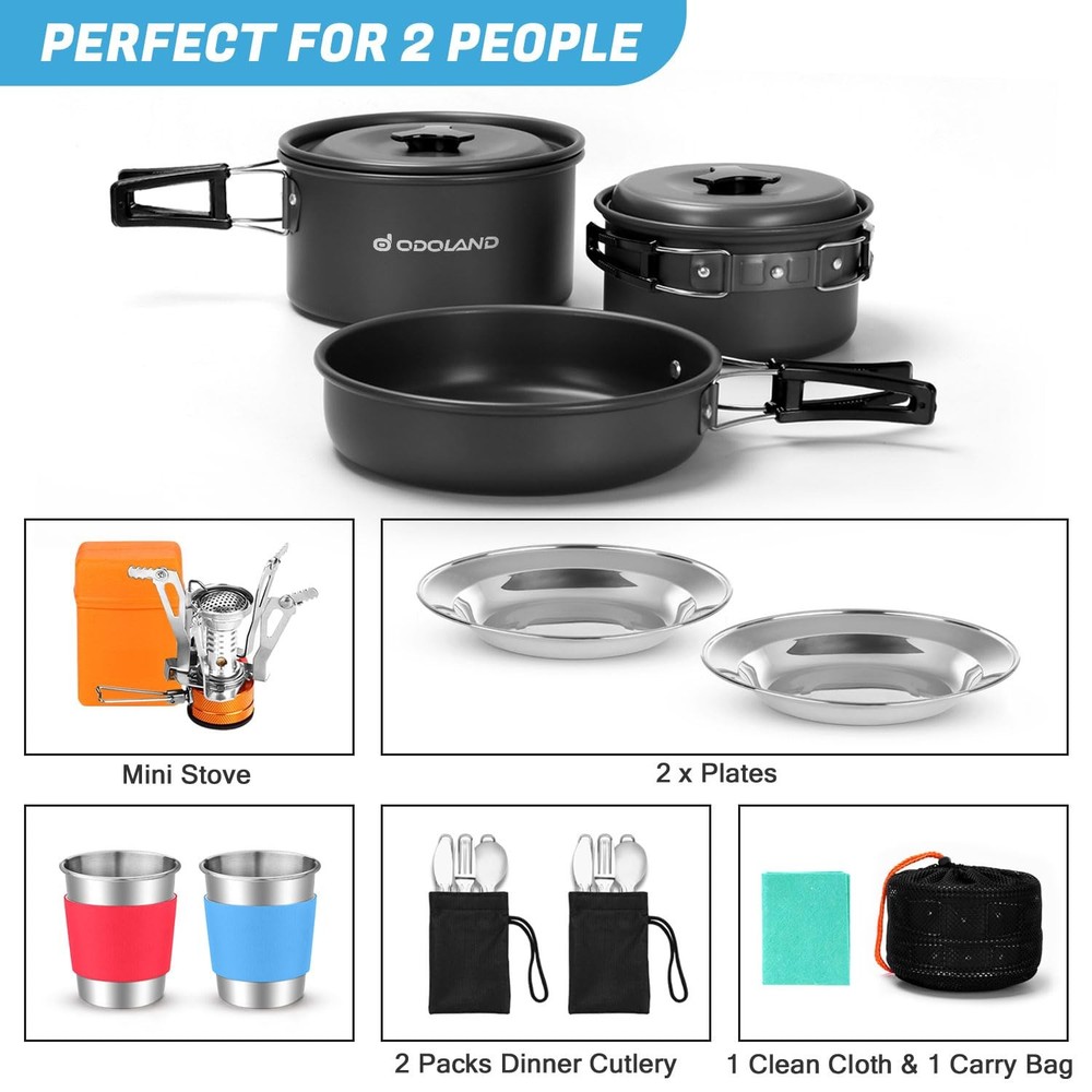 Odoland 16pcs Camping Cookware Mess Kit with Folding Silver, Black