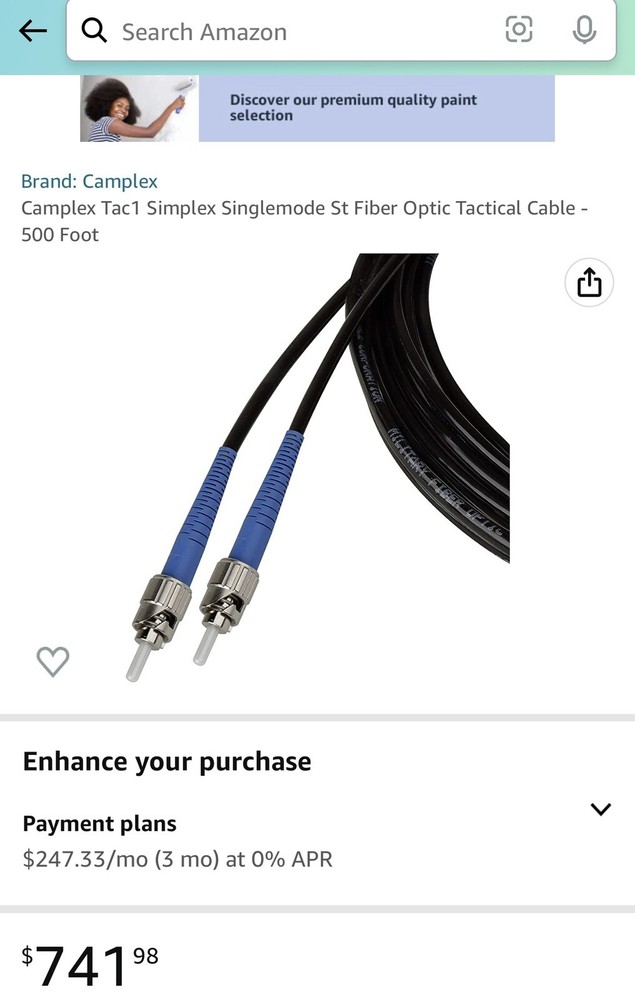 500Ft Camplex Simplex Single Mode ST Fiber Optic Tactical Cable