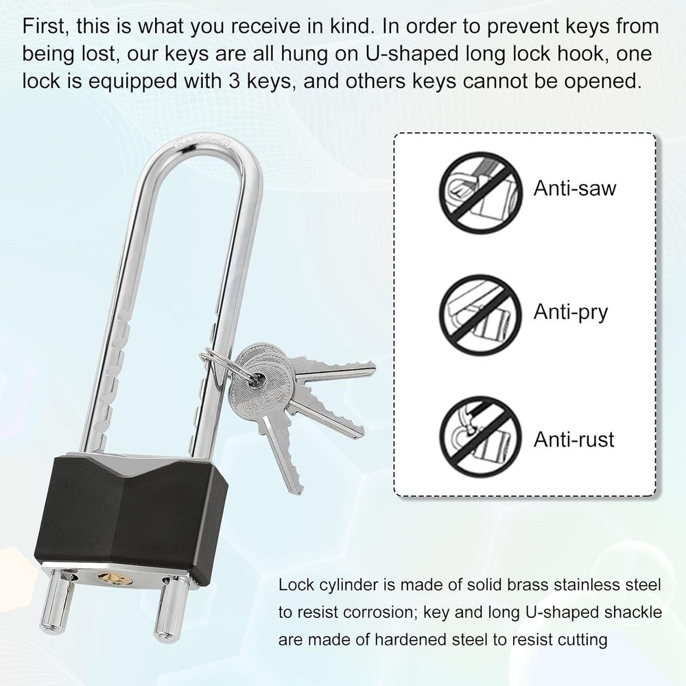 2 Pcs Long Shackle Padlock with Key Solid Brass Removable Adjustable Length S...