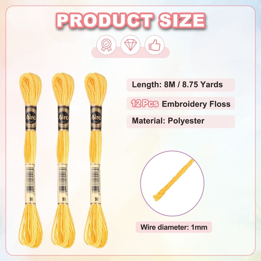 12 Skeins Embroidery Floss, Polyester Embroidery Threads Yellow