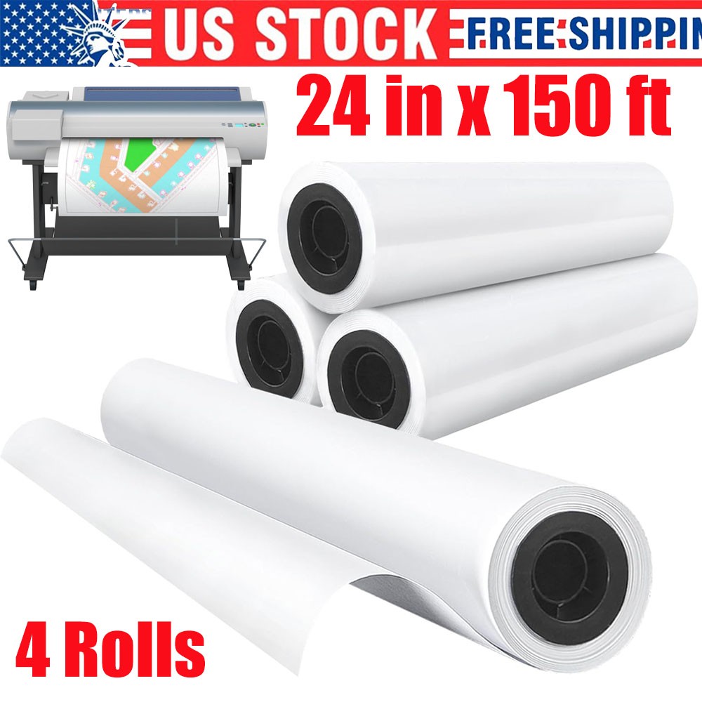 Wide Format Paper Plotter Paper 4 Rolls 24 in x 150 ft CAD Bond Rolls 2"Core