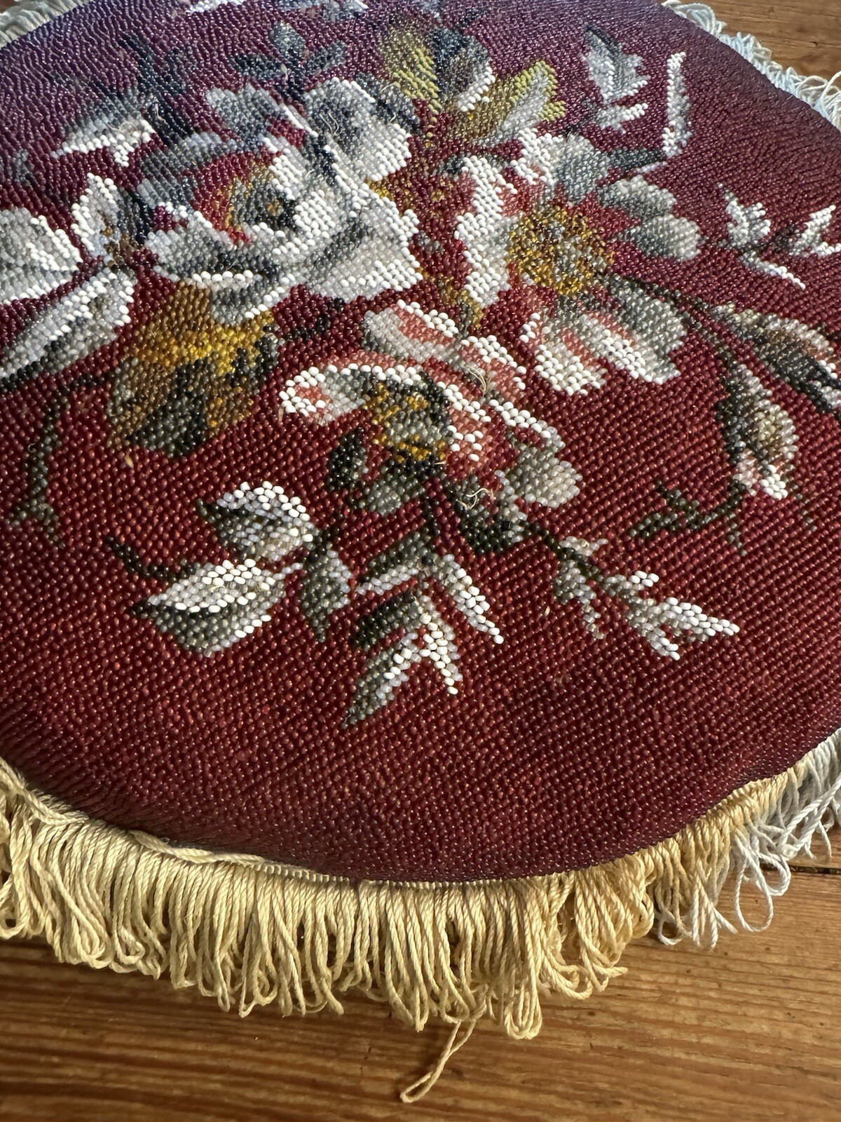 Victorian UK Embroidered & Beaded 13” Chair Seat Cushion w/ Purple Velvet Bottom