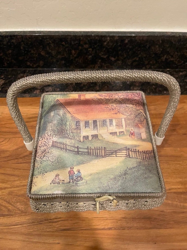 Vintage Weaved String & Fabric Sewing Basket
