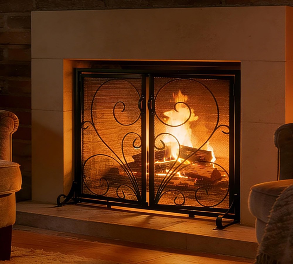 Flat Fireplace Screen with Doors,Solid Wrought Iron Frame with Metal Mesh, Fl...