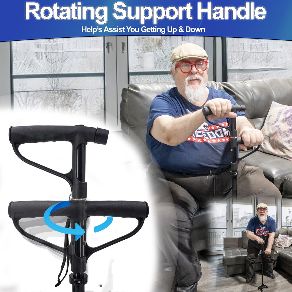 Walking Cane w LED Light 2nd Rotating Support Handle Folding Self Standing Base