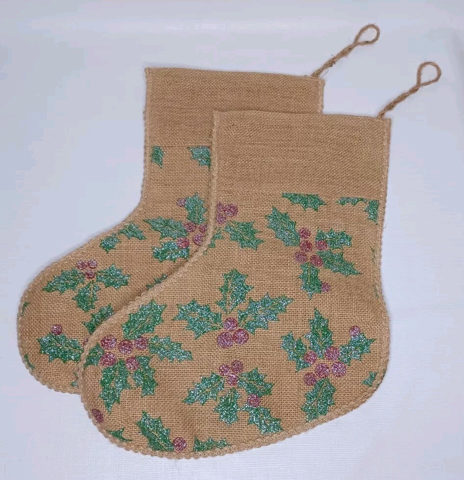 Burlap Christmas Tree Stocking Set Of Two Stockings Glitter Holly Berries Leaves