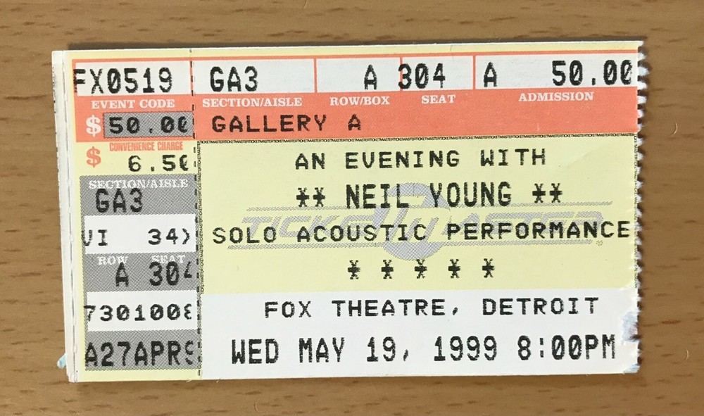 1999 NEIL YOUNG FOX THEATRE DETROIT CONCERT TICKET STUB HEART OF GOLD 304A