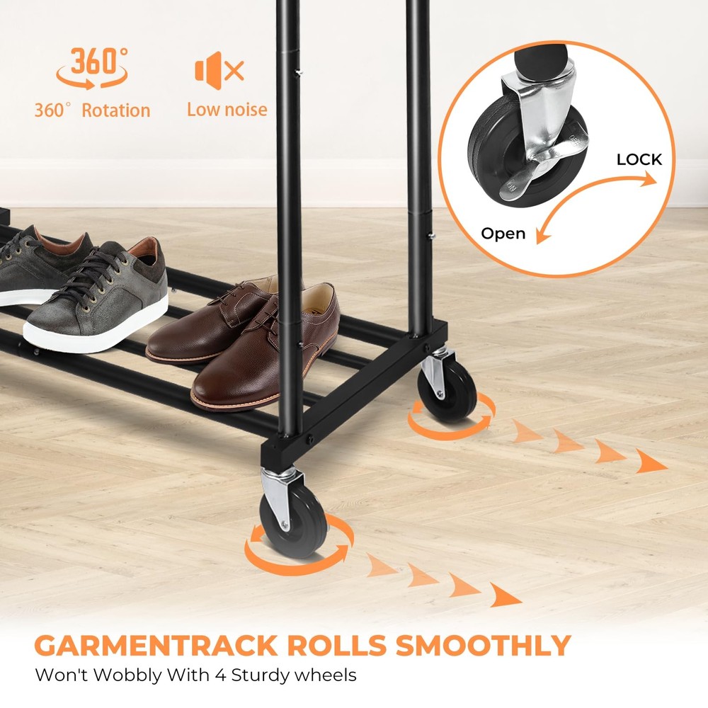 Garment Clothes Rack Double Rods Rolling and Lockable Stand