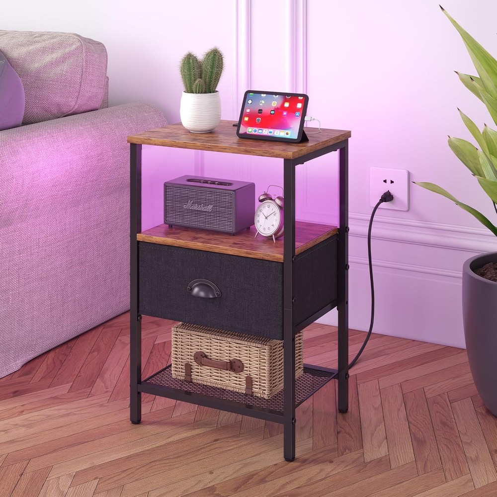 Sthmec Nightstands with Charging Station, LED Bedside Tables Rustic Brown