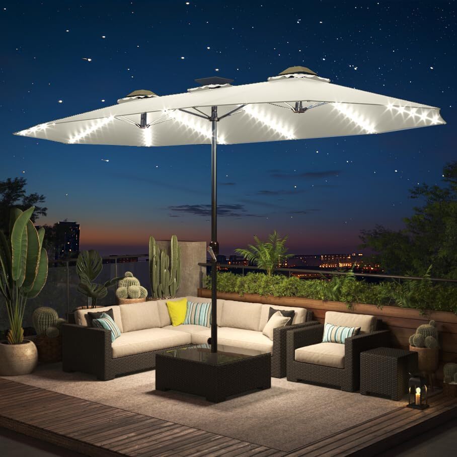 Solar 15ft Double Sided Patio Umbrella with Crank Handle & Integrated LED Lights