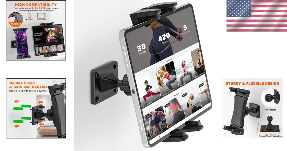 360° Adjustable Tablet Wall Mount - Sturdy Metal Base for 4.7-12.9" Devices