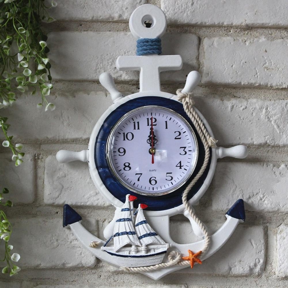 Silent Wall Clock Mediterranean Style Anchor Decor Nautical Ship Wheel Clock.