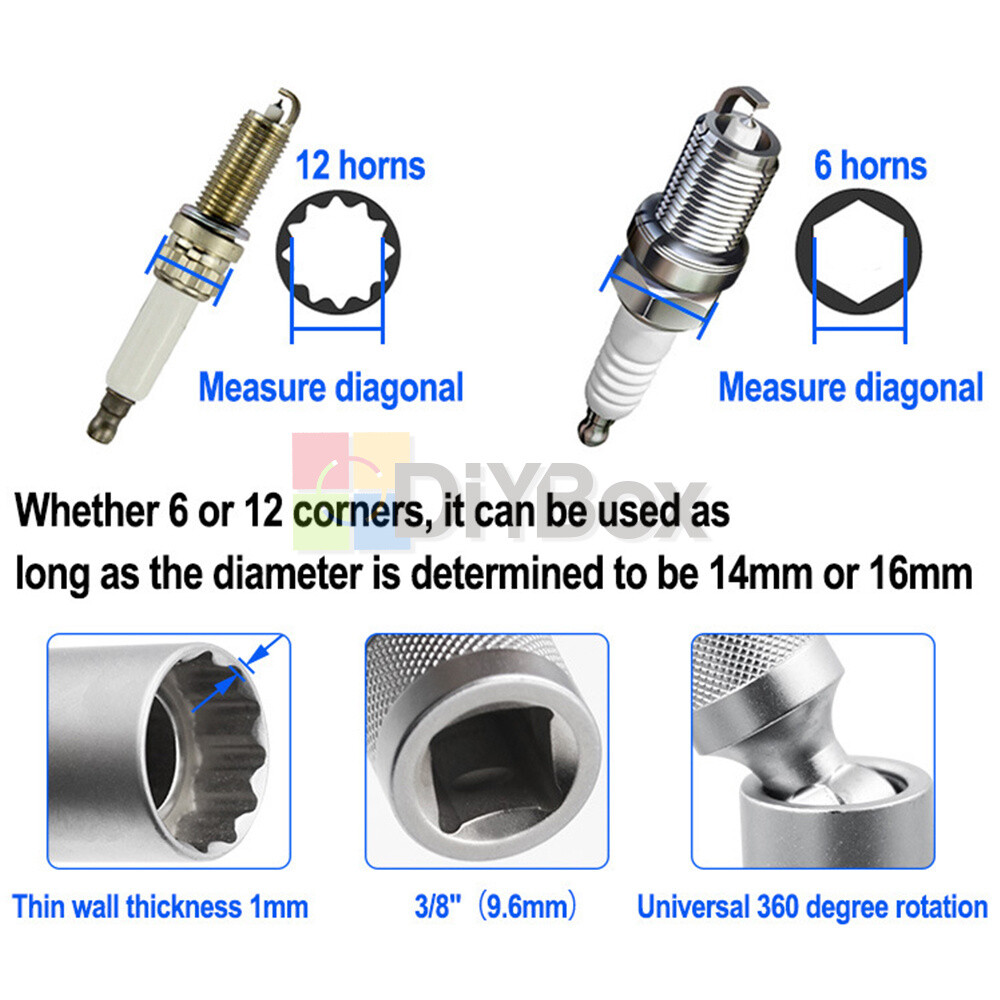 14&16mm 3/8" Drive Thin Walled Magnetic Spark Plug Socket Remover Installer Tool