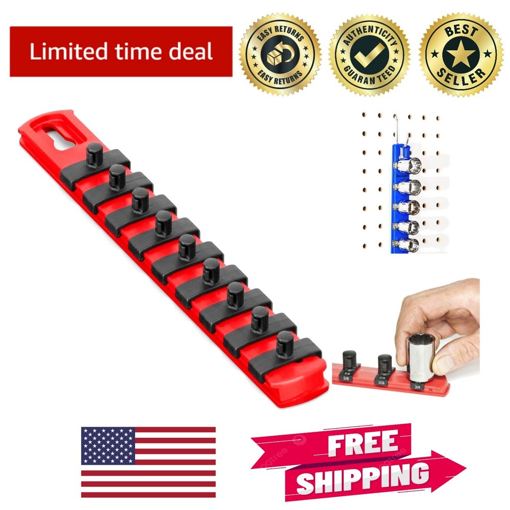 Compact 8-Inch Red Socket Organizer with Twist Lock Clips for Efficient Storage