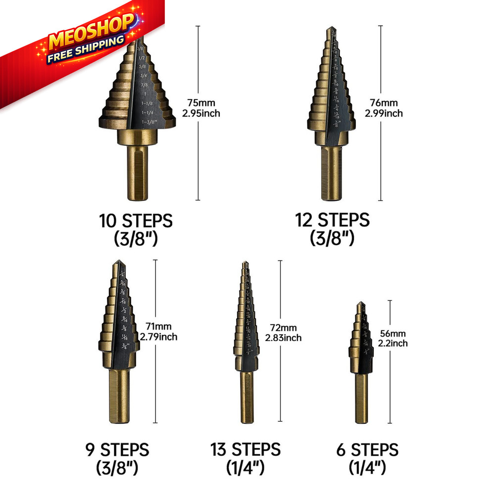 IRONANT Step Drill Bits, 5PCS HSS Titanium Bit Set, 50 Straight
