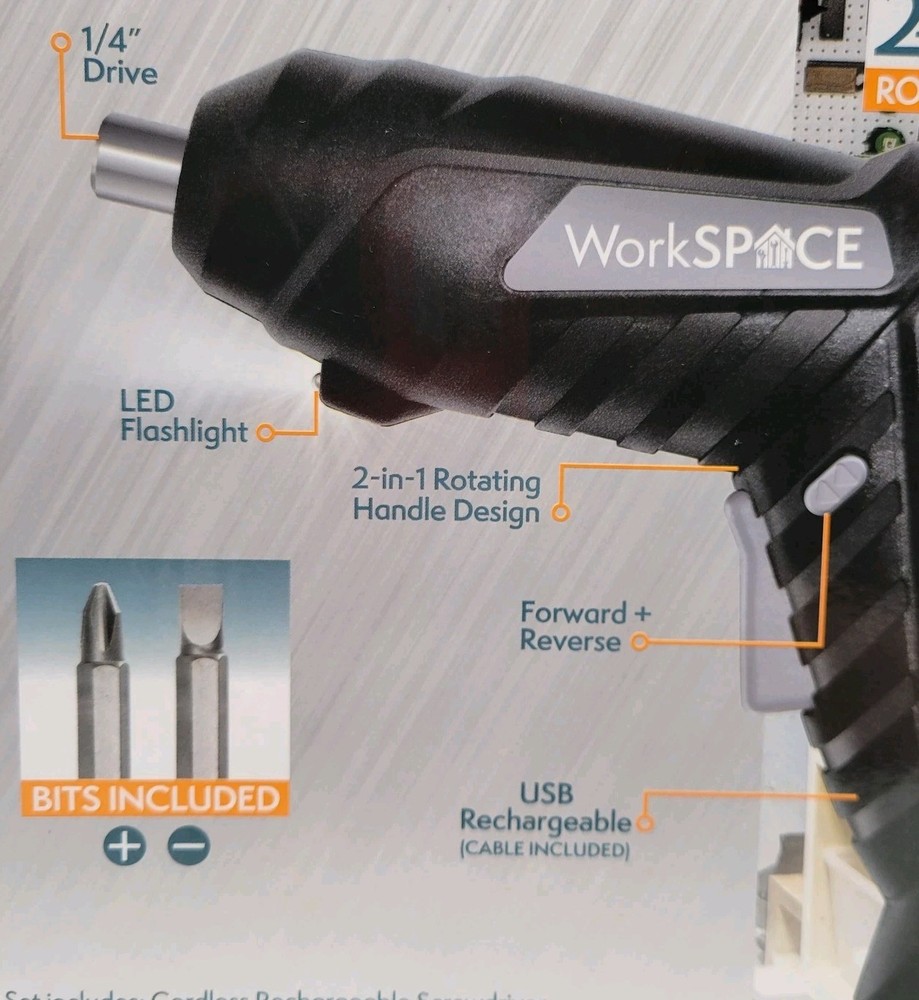 4v Rechargeable Rotating Screwdriver with Rotating Grip, LED Flashlight, USB