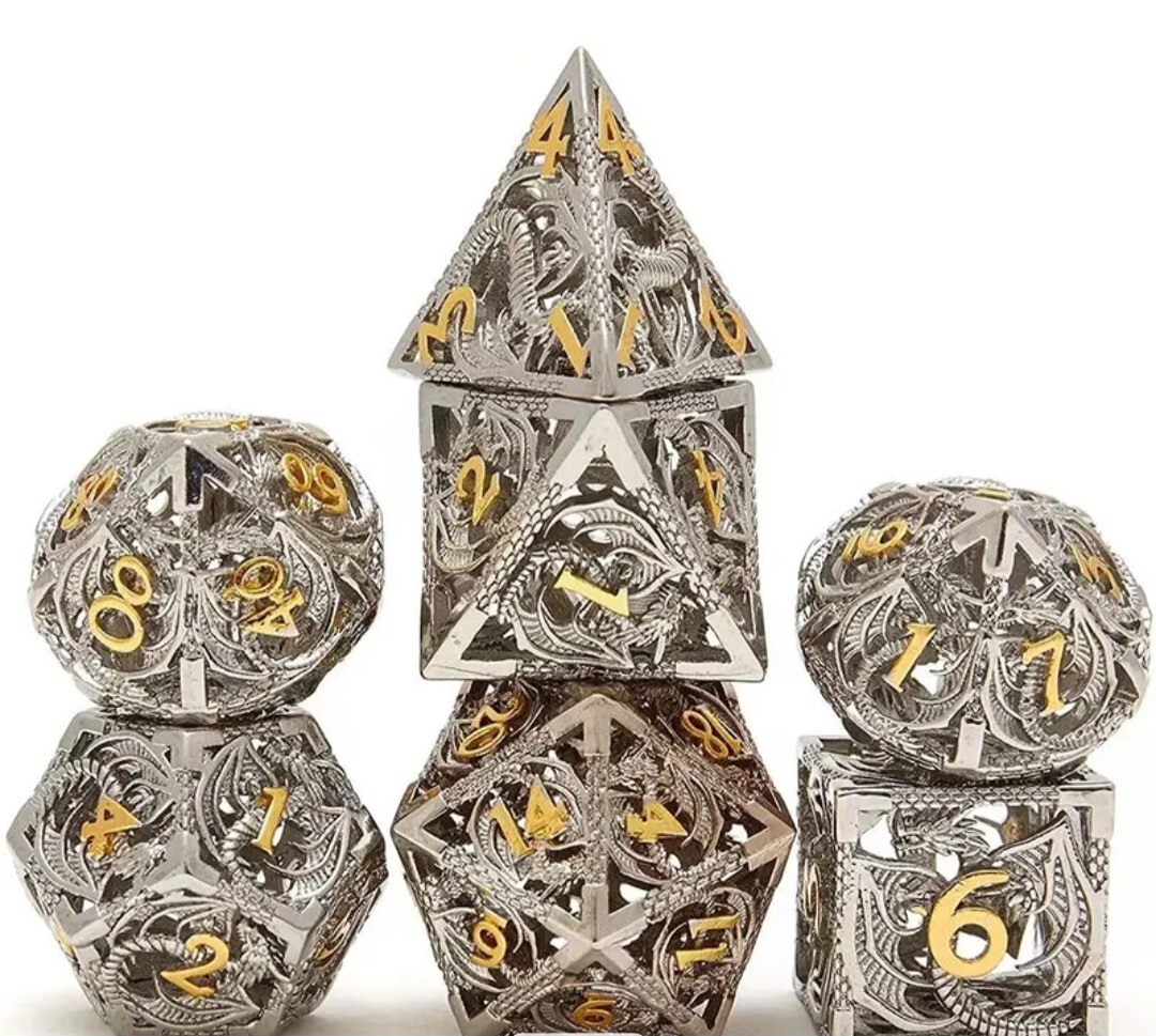 Hollow Metal Dice Set with Box, 7-Piece DND Gaming Dice for RPGs