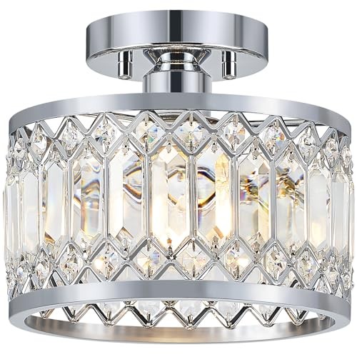 Crystal Ceiling Light Fixture, Modern Semi Flush Mount Ceiling 9.05in Chrome