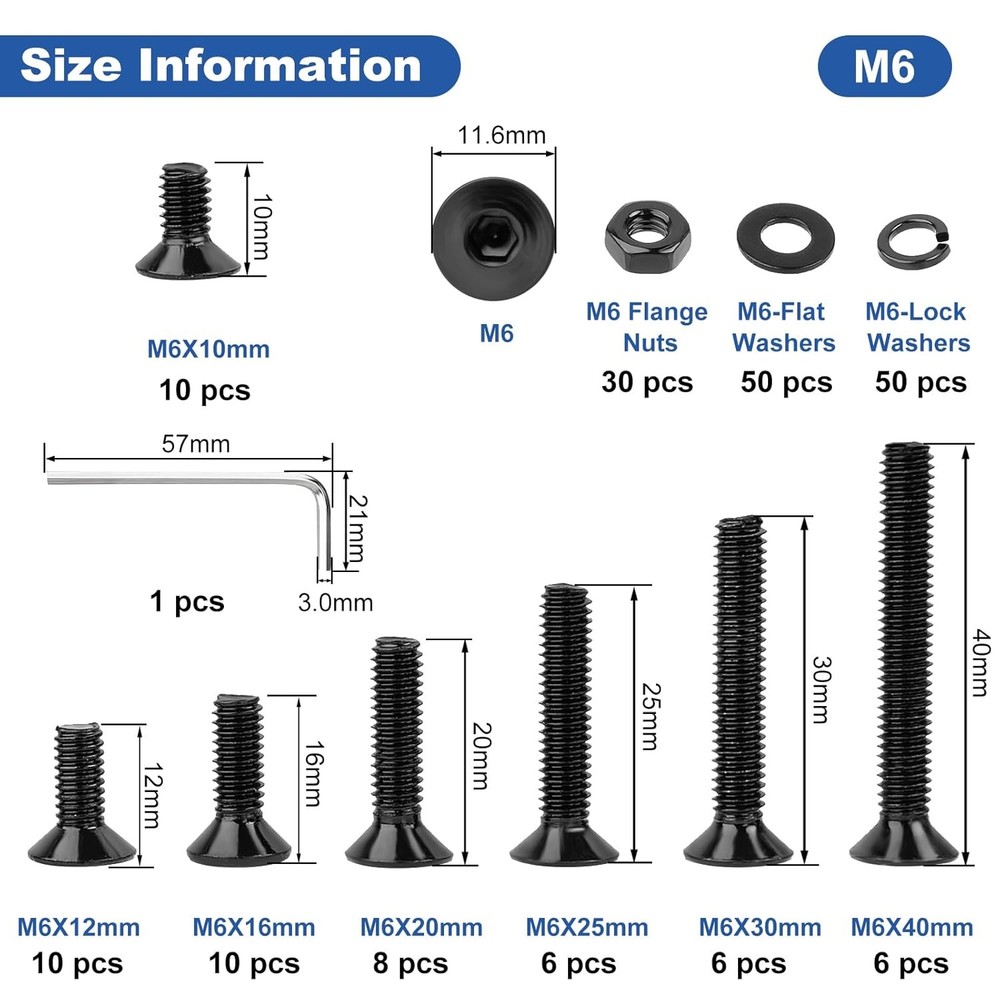 M3 M4 M5 M6 Flat Head Hex Socket Cap Screws Bolts Nuts & Washers Assortment Kit