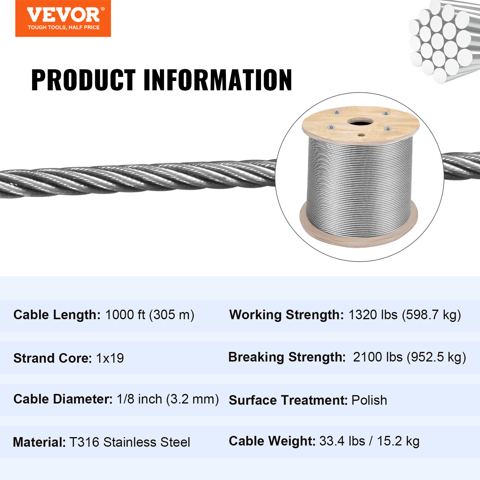 VEVOR T316 1000ft Stainless Steel Cable 1/8" 1x19 Wire Rope Cable Railing