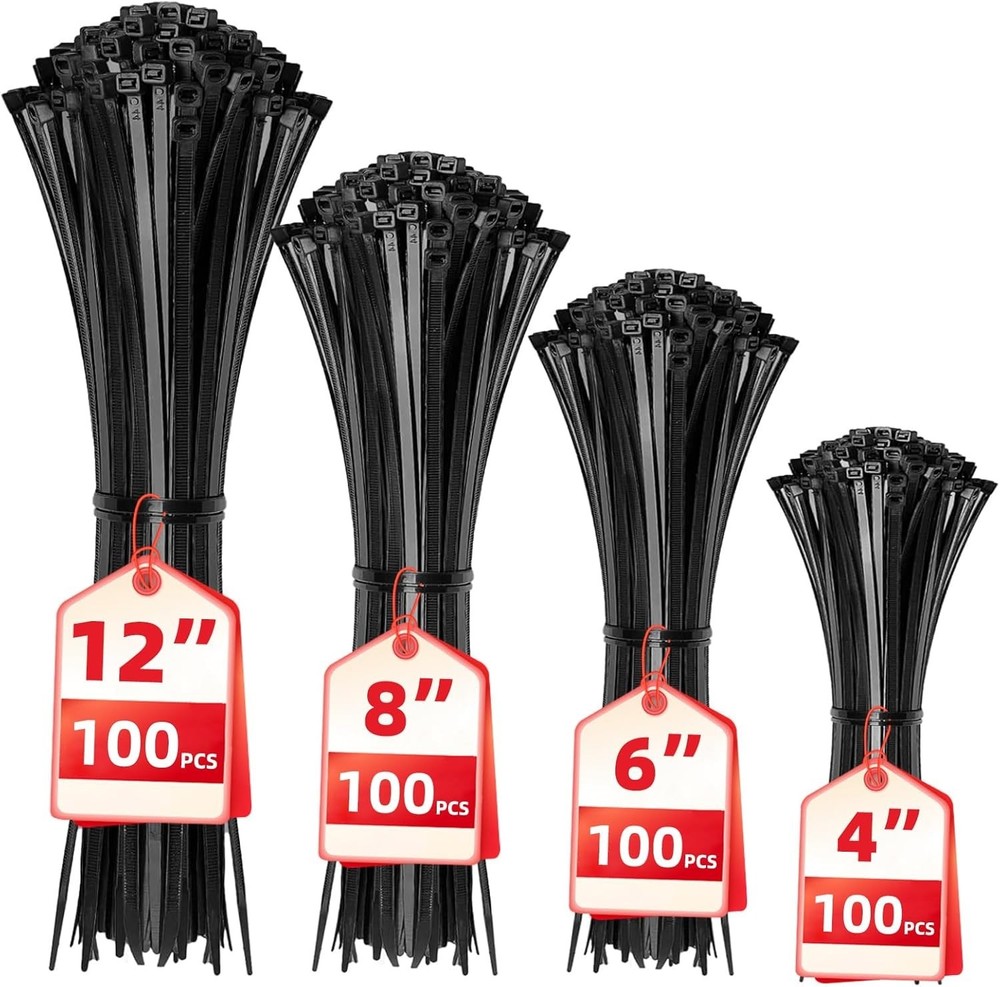 400-Pack Black Self-Locking Zip Ties - Assorted Sizes for Versatile Organization