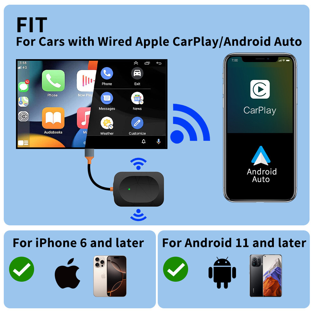 Carplay Wireless Adapter For Apple Android Auto Plug Play Car USB Dongle 2 in 1