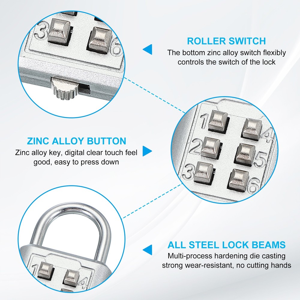 2Pcs Push Button Combination Padlock 6-Digit 3-Position Lock Silver