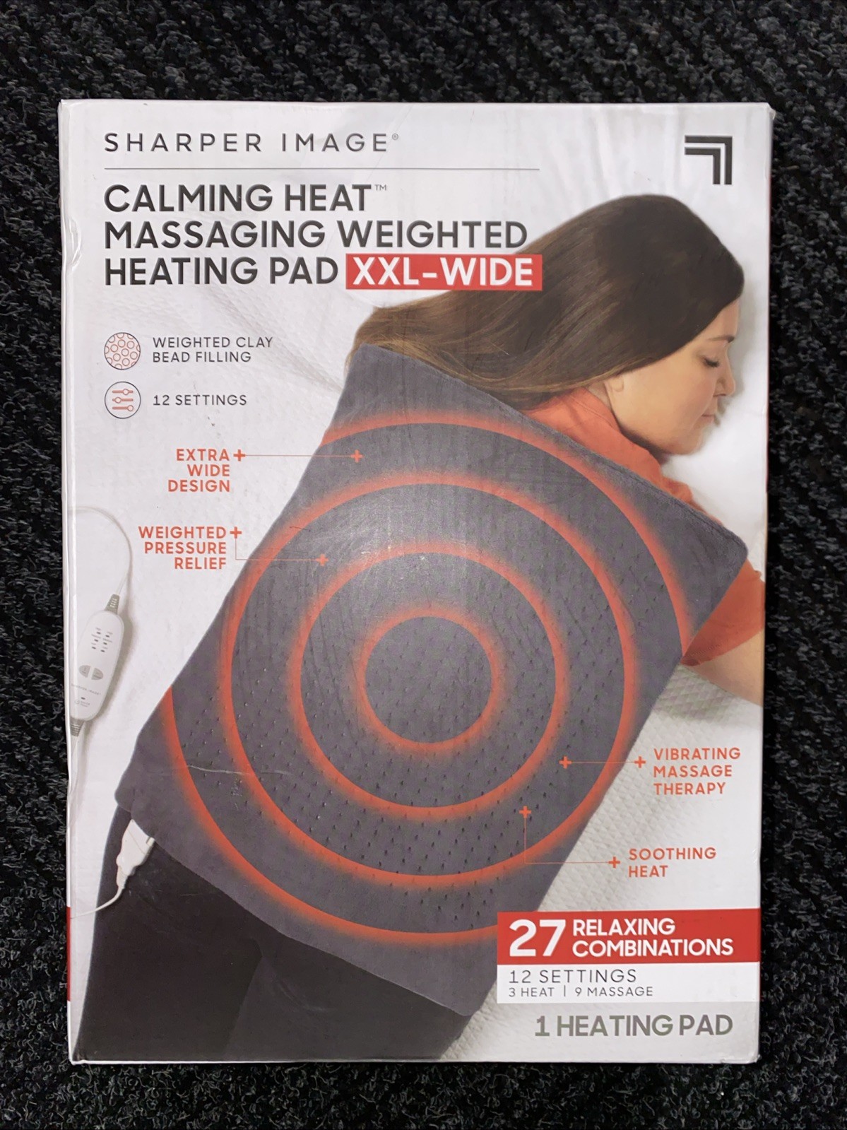 Sharper Image Calming Heat Massaging Weighted Pad XXL-Wide 20x24 6 lb brown box,